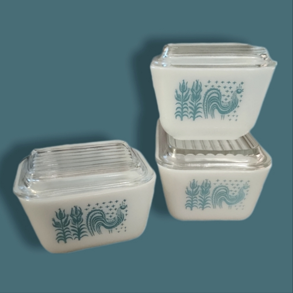 Vintage 1963 PYREX Set - Butterprint, Opaque White/ Turquoise, LIKE NEW